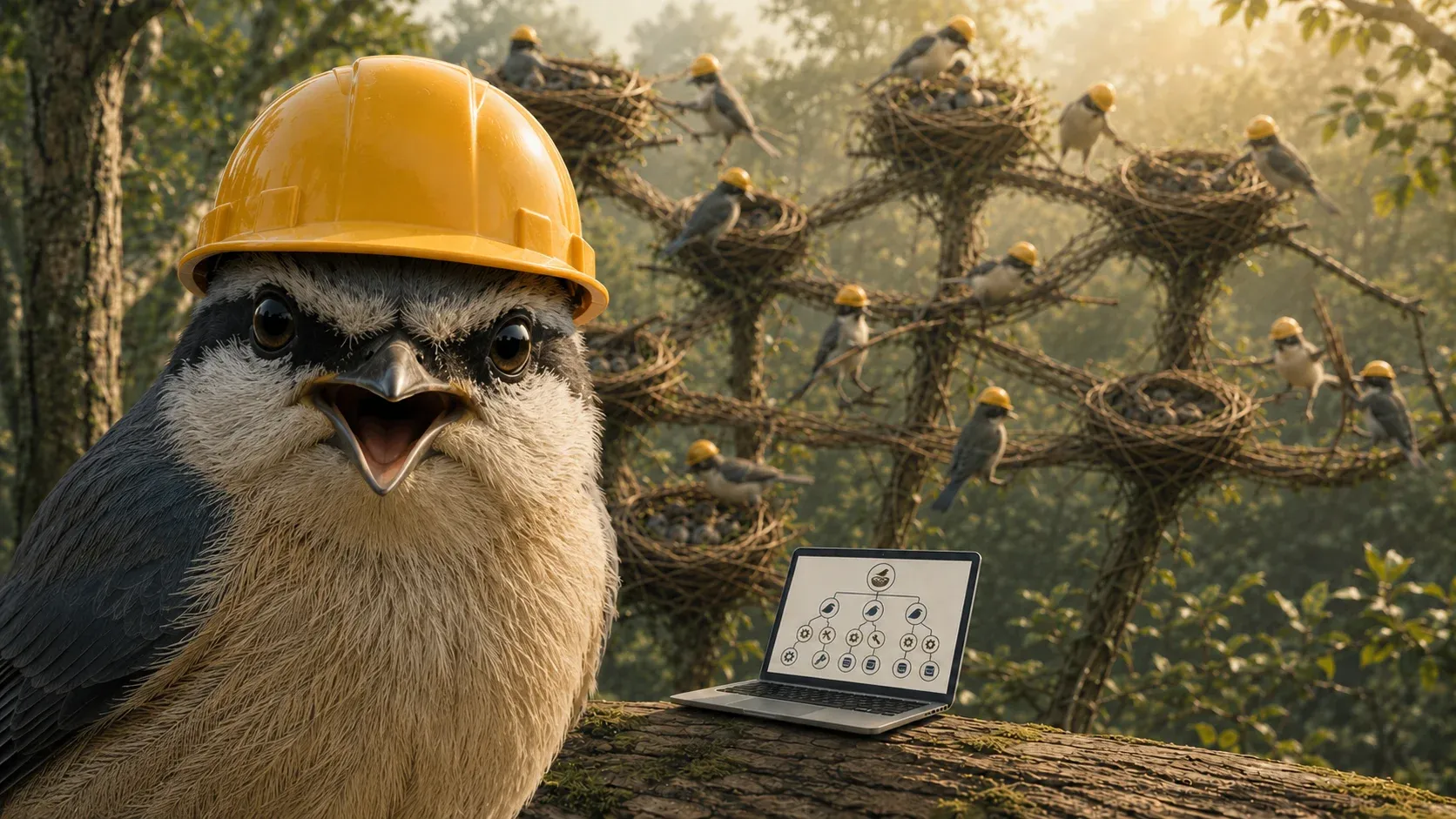 A hard-hatted bird beside a laptop showing an orchestrator-and-workers node tree, in front of nests wired into a fan-out structure
