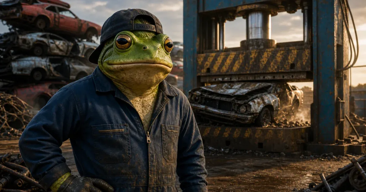 A frog mechanic in coveralls and a backwards cap standing beside a hydraulic car press in a scrapyard