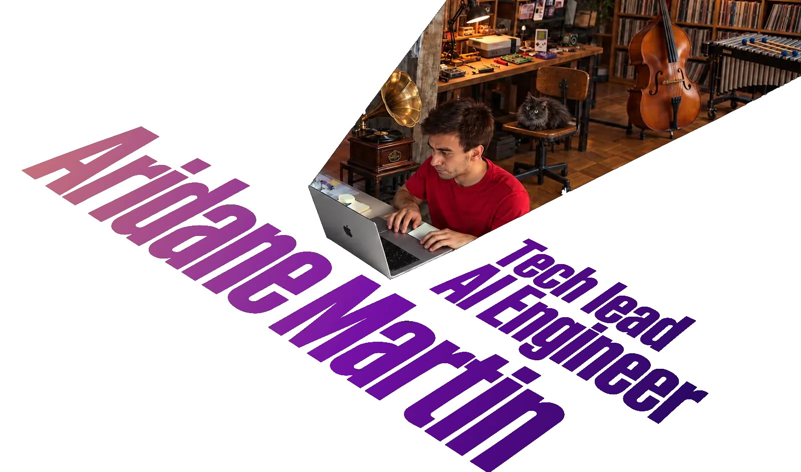 Aridane Martín working at a laptop in his studio, with a double bass, a marimba, shelves of records and a cat on a chair behind him.