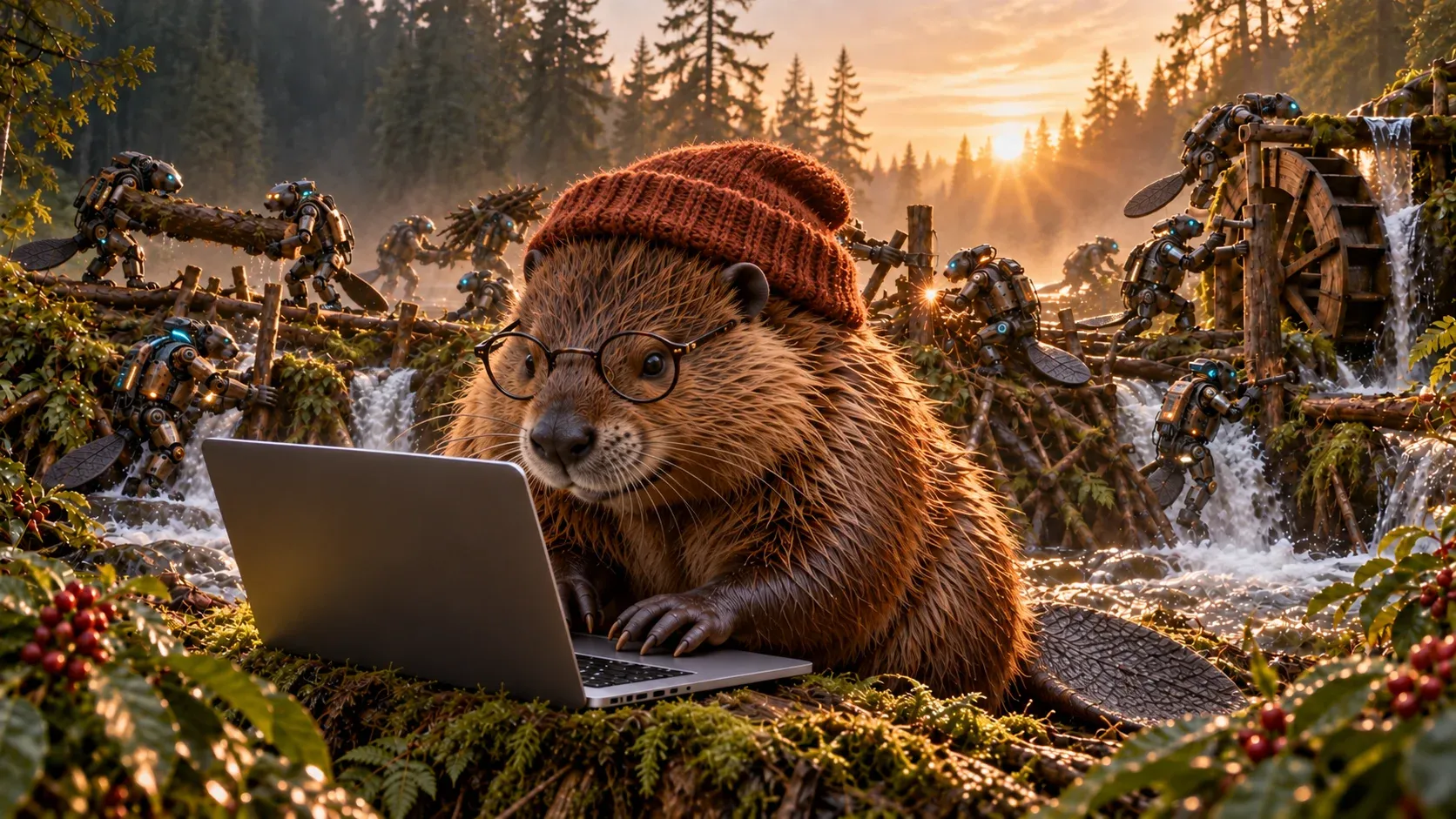 A beanie-wearing beaver in glasses works on a laptop beside a stream, while small robots tend a dam and waterwheel in the background