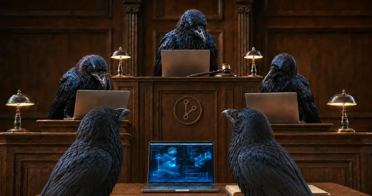 A courtroom of ravens on wooden benches, each behind its own laptop, judging an architecture diagram under a git-branch emblem
