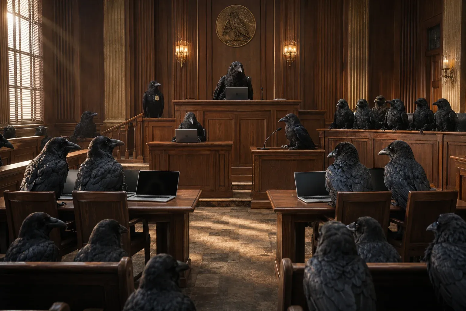 A wood-paneled courtroom of ravens: a raven judge on the bench, a raven bailiff at the podium, and rows of ravens with laptops at the jury box and gallery desks