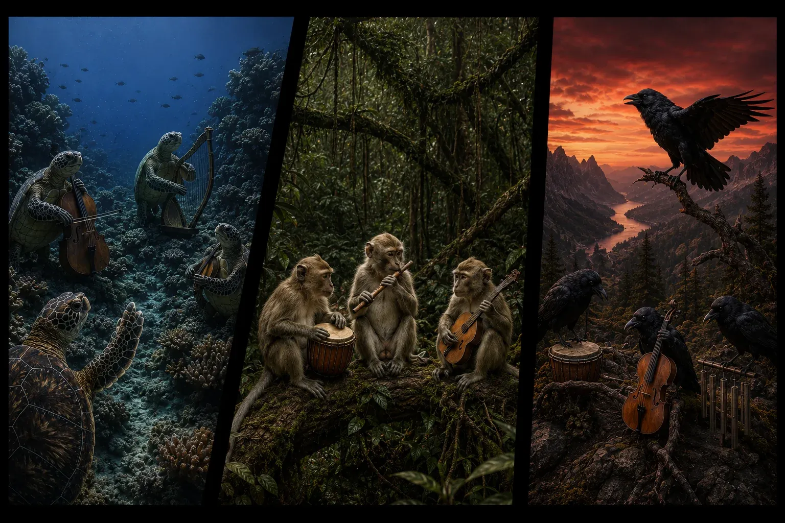 A triptych of animal trios each playing instruments in its own habitat: turtles with cello and harp underwater, monkeys with drum, flute and guitar in the jungle, and ravens with cello, drum and chimes on a mountain ridge at sunset