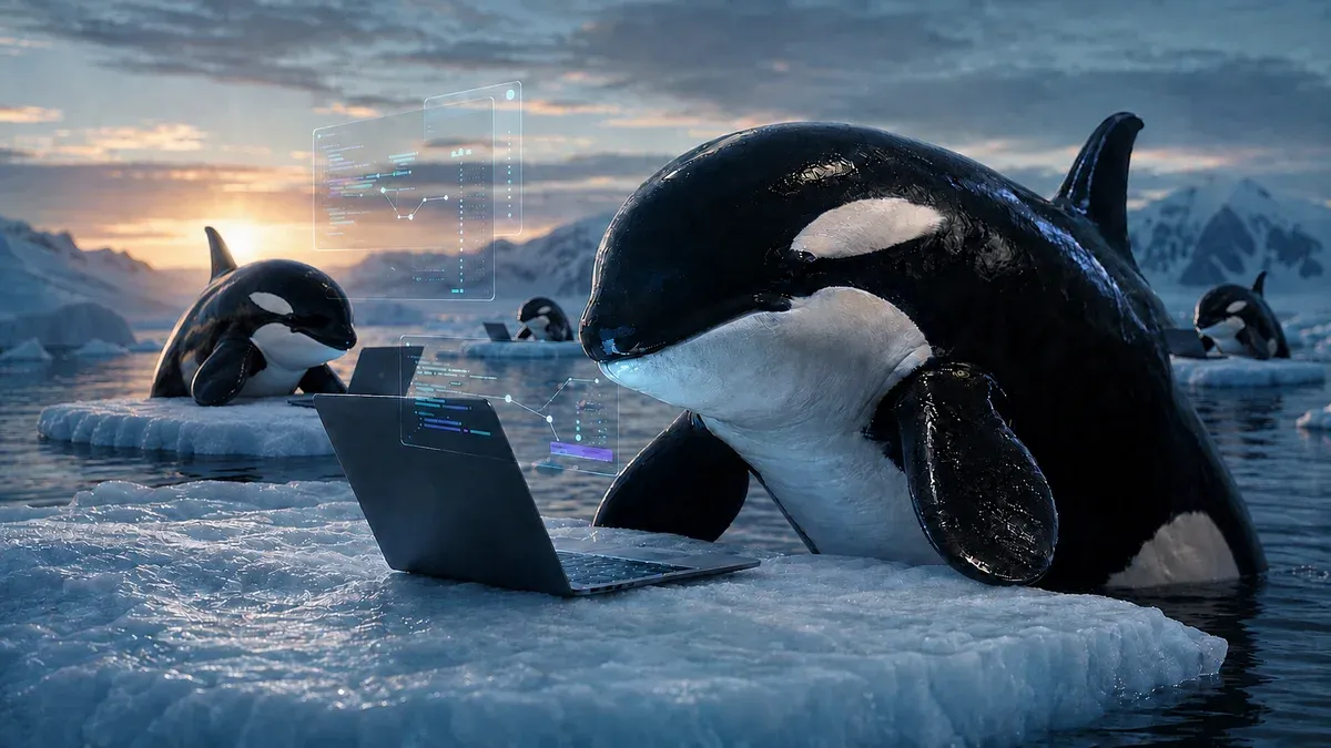 An orca whale leading a fleet of agent worktrees, visualized as a network of connected nodes swimming toward a shared goal