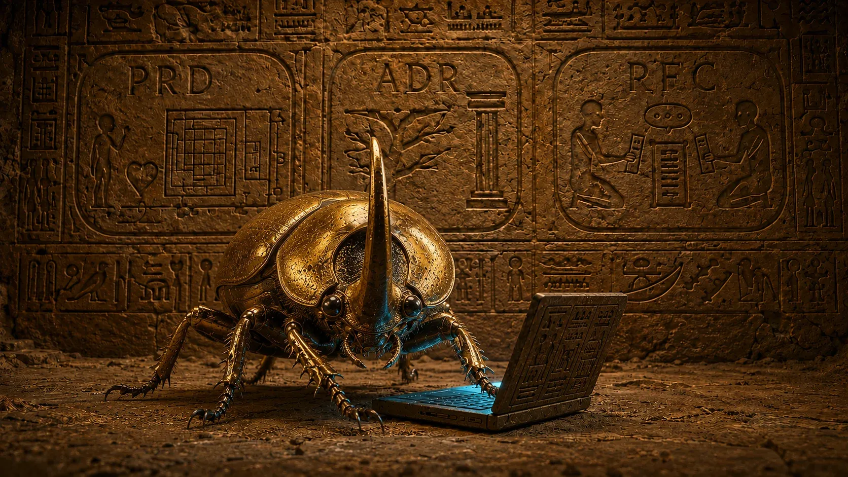 A scarab beetle in ancient Egypt working on a laptop in front of a pyramid — a playful nod to writing durable decision documents