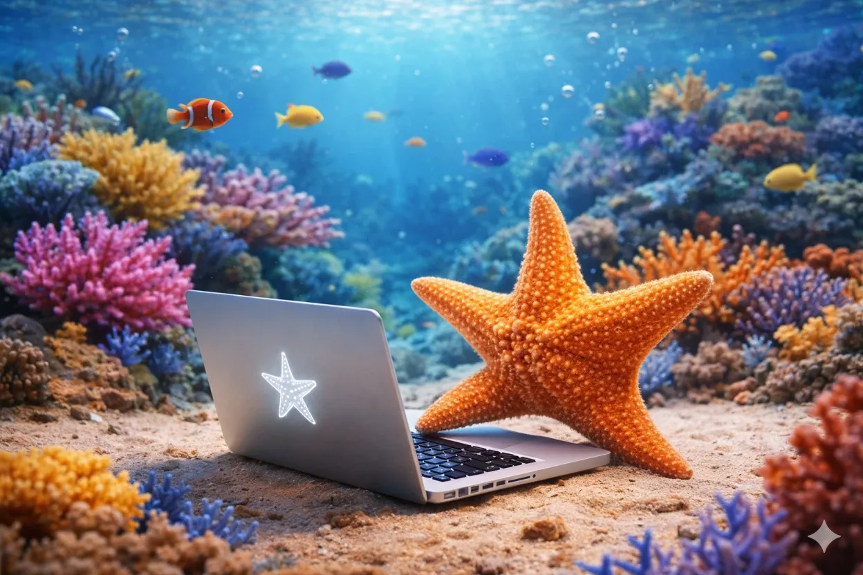 A starfish using a laptop underwater surrounded by colorful coral — representing structured thinking in chaotic environments