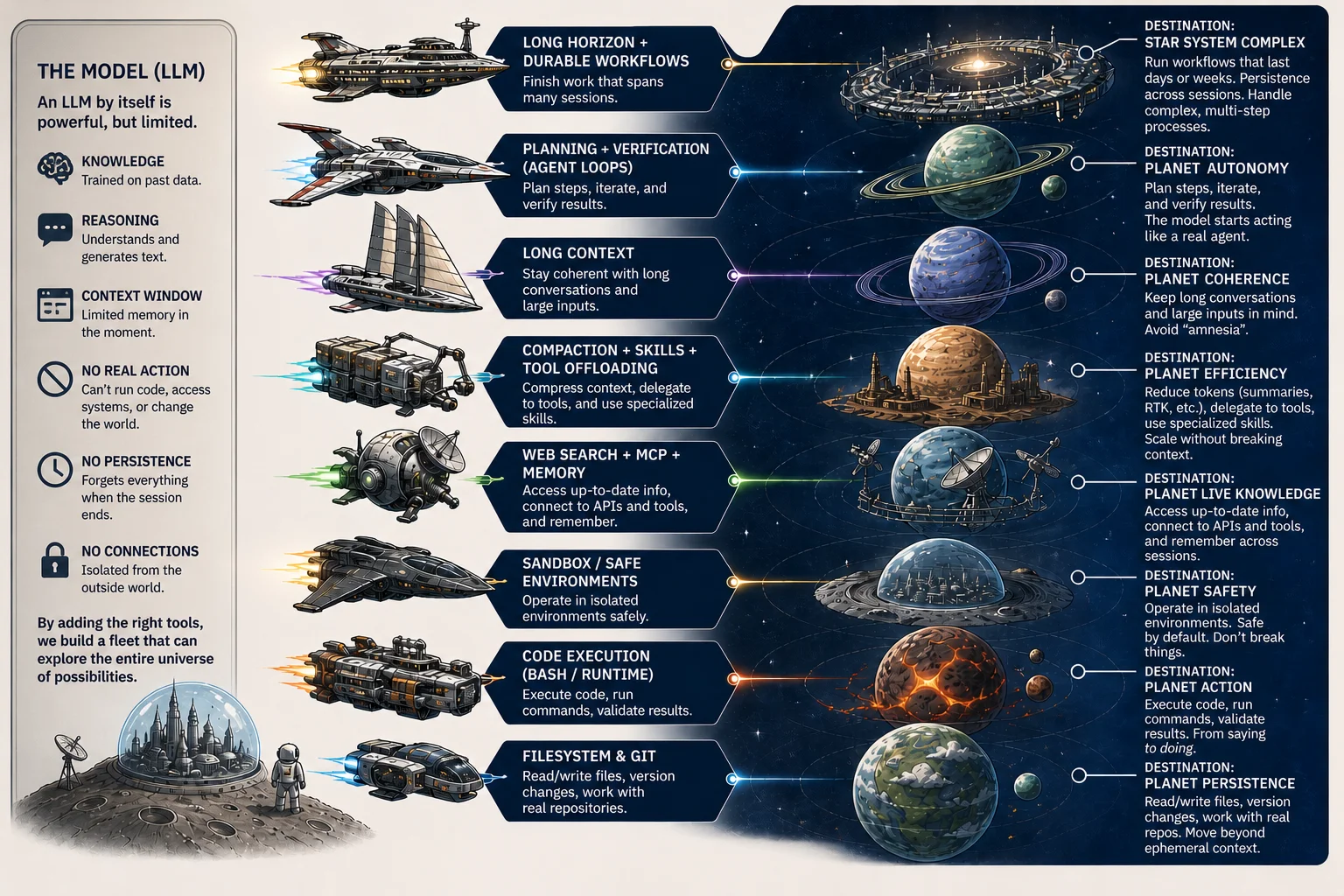 Diagram showing how a harness transforms a limited LLM into a capable agent fleet through tools like filesystem, code execution, sandboxes, memory, and long-horizon patterns
