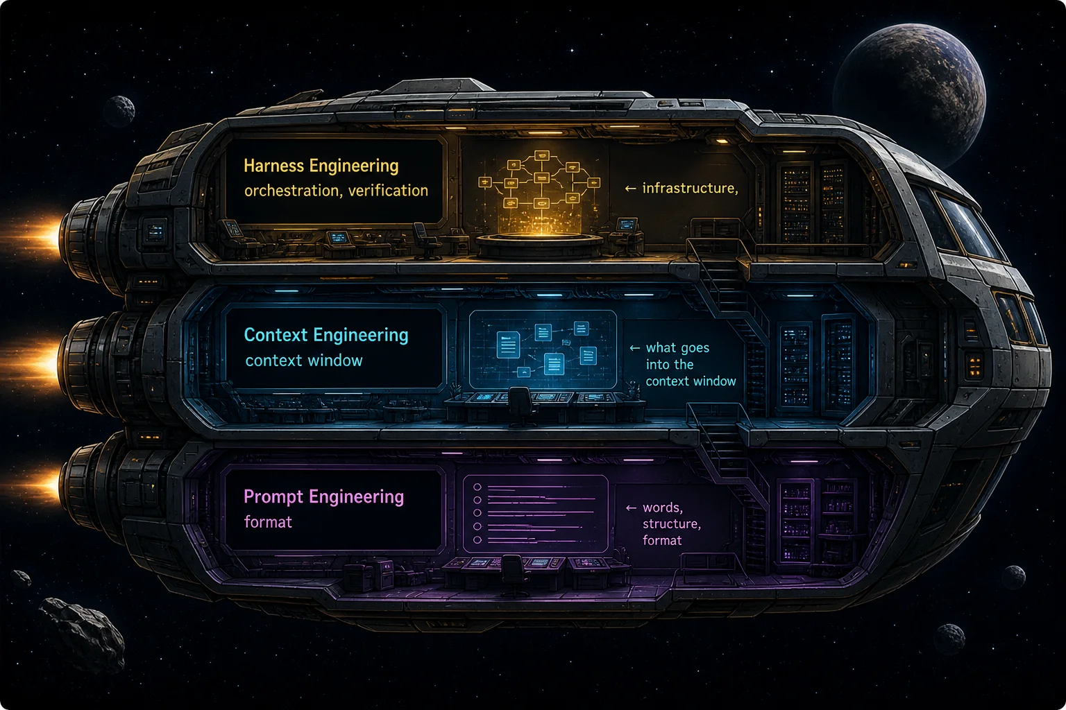 Stack diagram showing prompt engineering at the base, context engineering in the middle, and harness engineering at the top